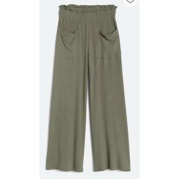 Free People Olive Ribbed Wide Leg Pants Smocked Waist Small Petite Preloved - Picture 2 of 5
